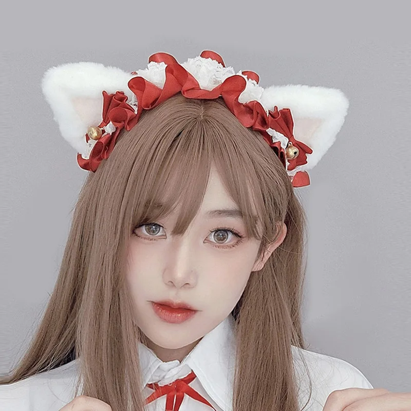 Orelha de gato de pelúcia lolita headwear com pequena sino cosplay anime con acessório kawaii menina clássico lolita cocar babados faixa de cabelo