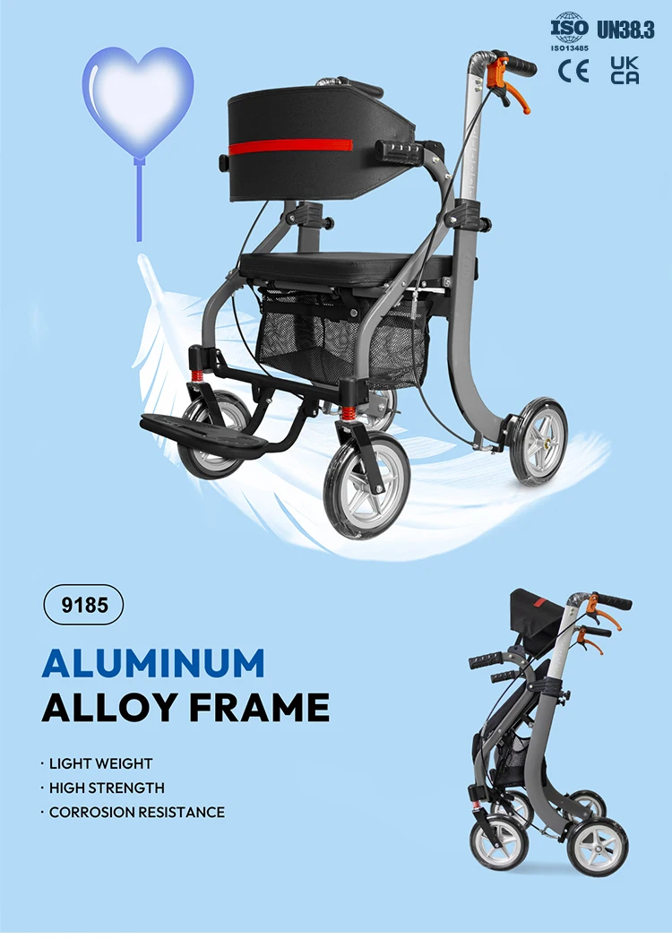 3 in 1 Lightweight Aluminum Wheelchair, Foldable Transit Walker with Seat, Rollator for Elderly Mobility Aid