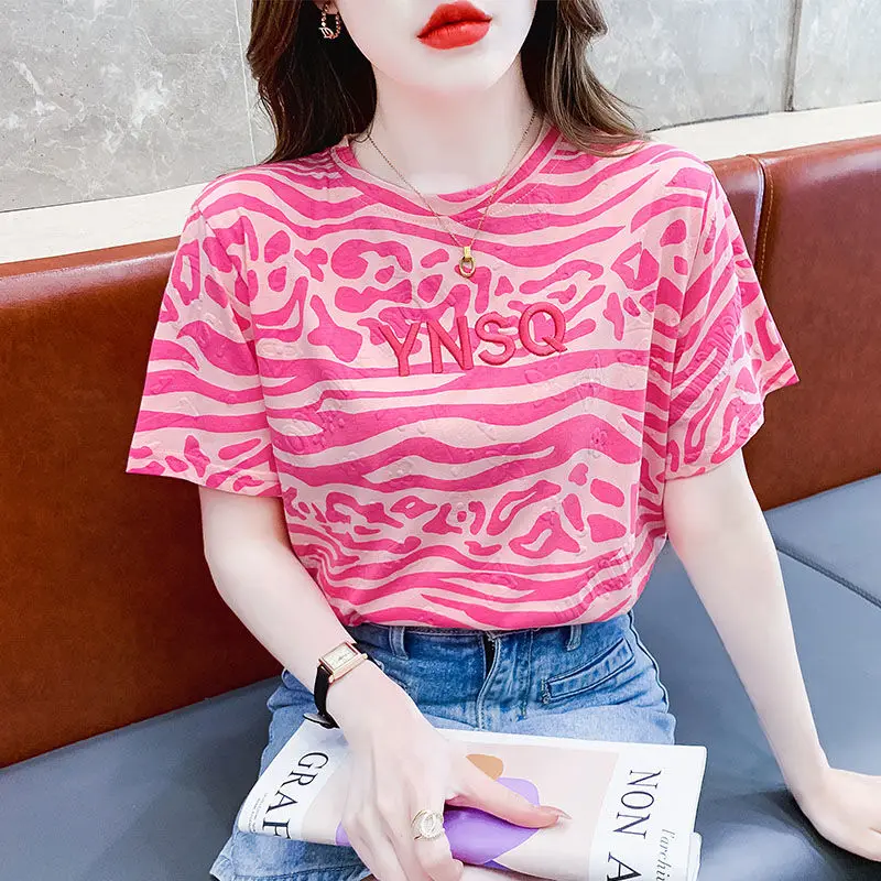 

Fashion O-Neck Printed Letter Embroidery Leopard Blouses Female Clothing 2025 Summer New Loose Korean Tops Casual Shirts