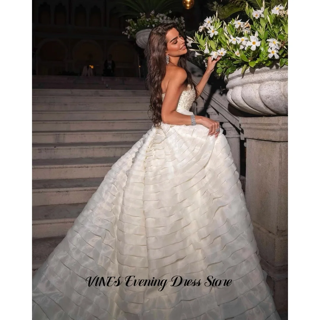 VINES Ivory Prom Dress Rhinestone Beaded Satin Evening Dress With Multi Layer Ruffle Organza Train Elegant Party Gown Customized