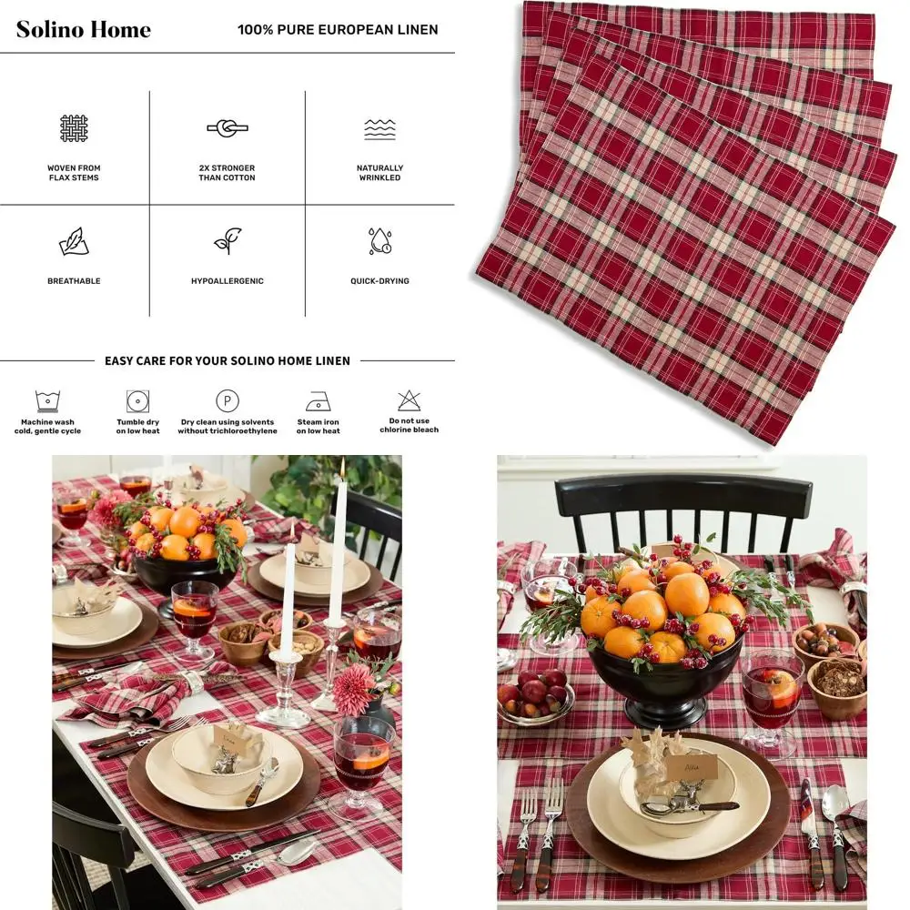 

Скатерти из 100% чистого льна в бордовую клетку, ручная работа, моющиеся, 35,56 x 48,26 см