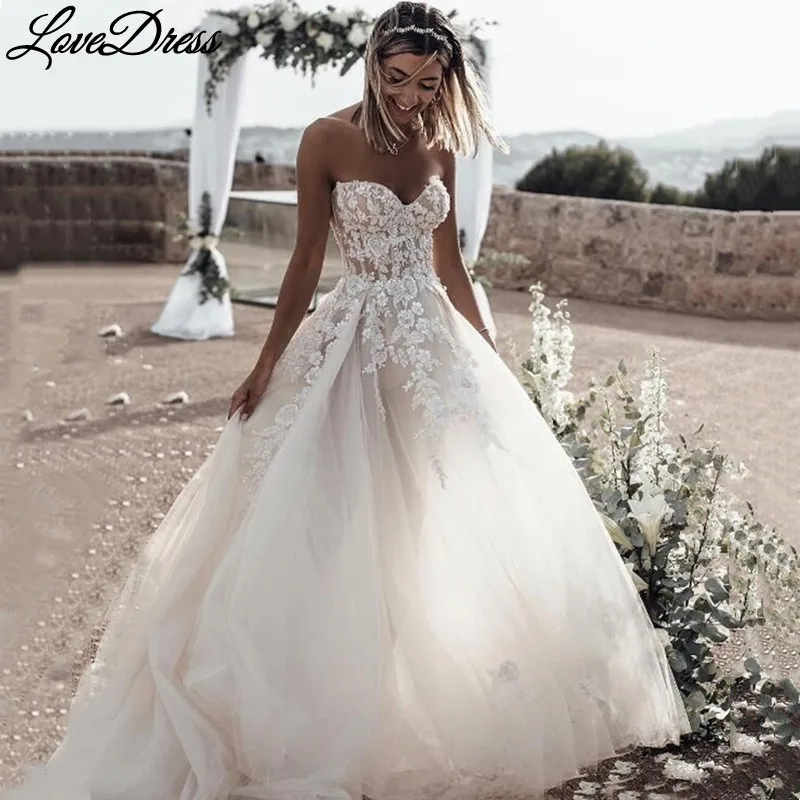 Love dress Schatz Brautkleid A-Linie Spitze Applikationen rücken freie Braut Kleid Reiß verschluss Tüll Zug echtes Bild Vestido de Noiva