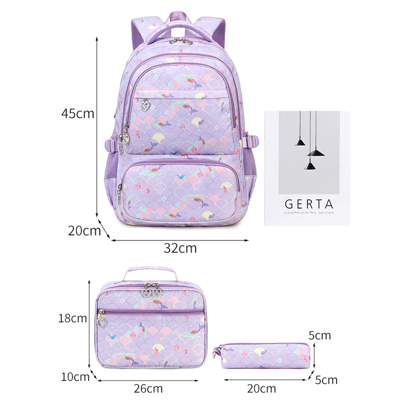 Large Capacity School Backpack for Girls with Lunch box Elementary Primary Middle School Bag Mermaid Book bags for Teen Students