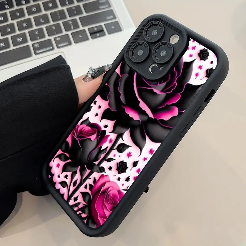 

Rose Flowers Phone Case for iPhone 17 16 15 14 13 12 11 Air Pro Max Plus Black Soft TPU Shockproof Cover