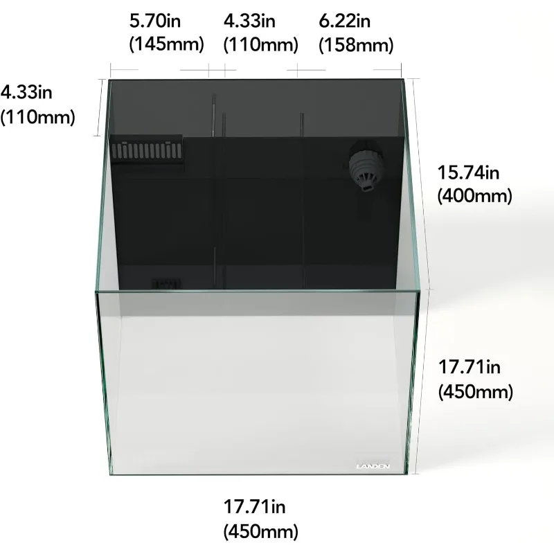 Landen 45P 20 Gallon Ultra Clear All Glass Rimless Low Iron Aquarium Tank with Rear Filtration Chamber