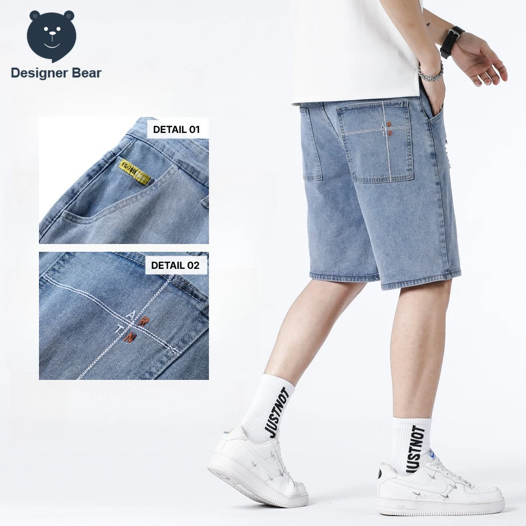 Pantalones Cortos de Mezclilla para Hombre, Estilo Baggy, Rectos, de Algodón, con Bordado, a la Moda, Juveniles, con Agujeros, Elásticos, Tipo Bermuda, para Trabajo