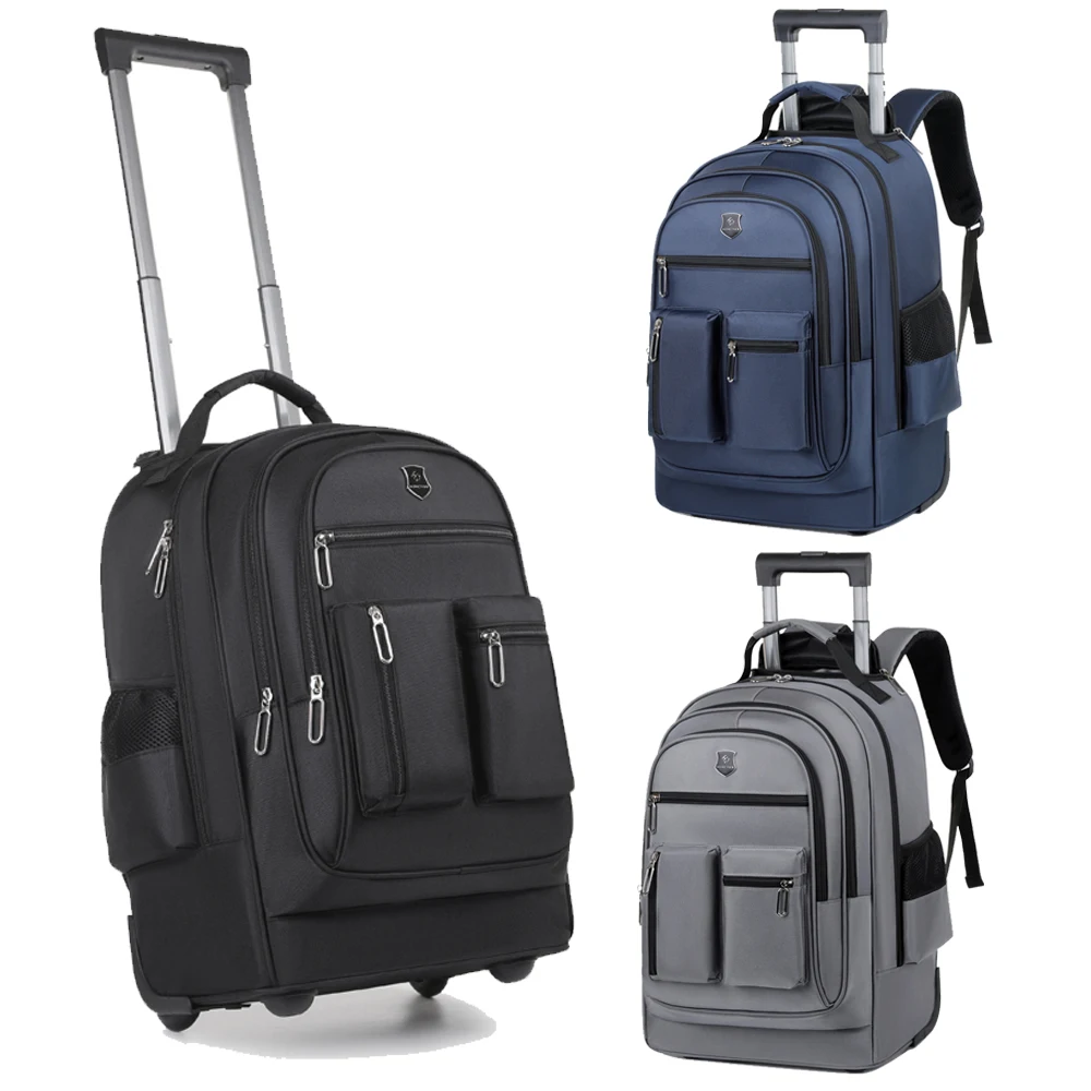 Men Waterproof Wheeled Travel Backpack With Hidden Pull Rod Lar ge Capacity Carry On Business Weekend Trolley Luggage Bag