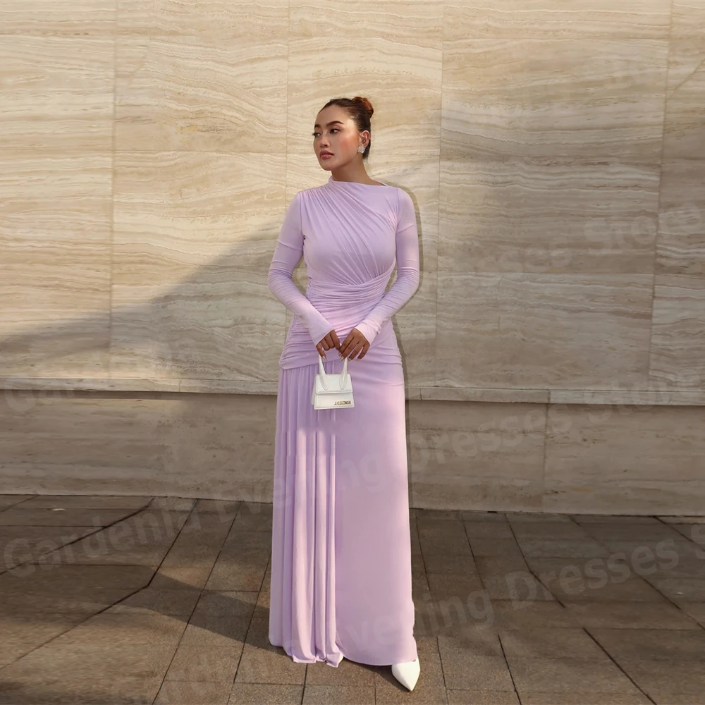 

Beautiful Women's Evening Dresses O Neck Prom Gowns Customized Vestidos De Fiesta Long Sleeve Pleat Vestido De Gala Noche Mujer