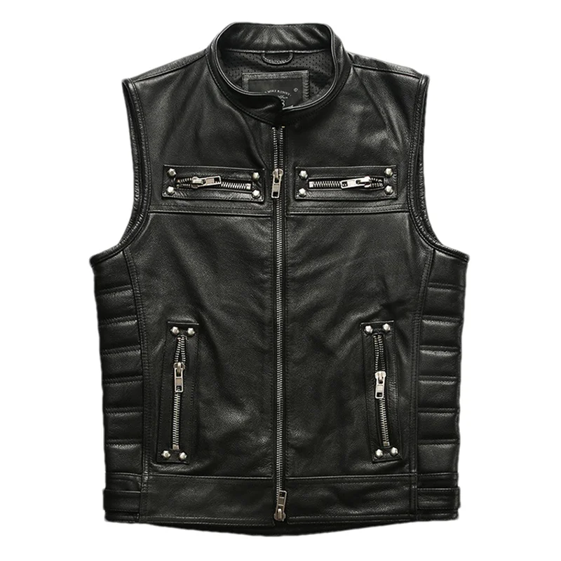 Black Autumn Leather Jacket Men Retro Style Plus Size 4XL Genuine Natural Cowhide Stand Collar Slim Fit Rivets Motorcycle Vest