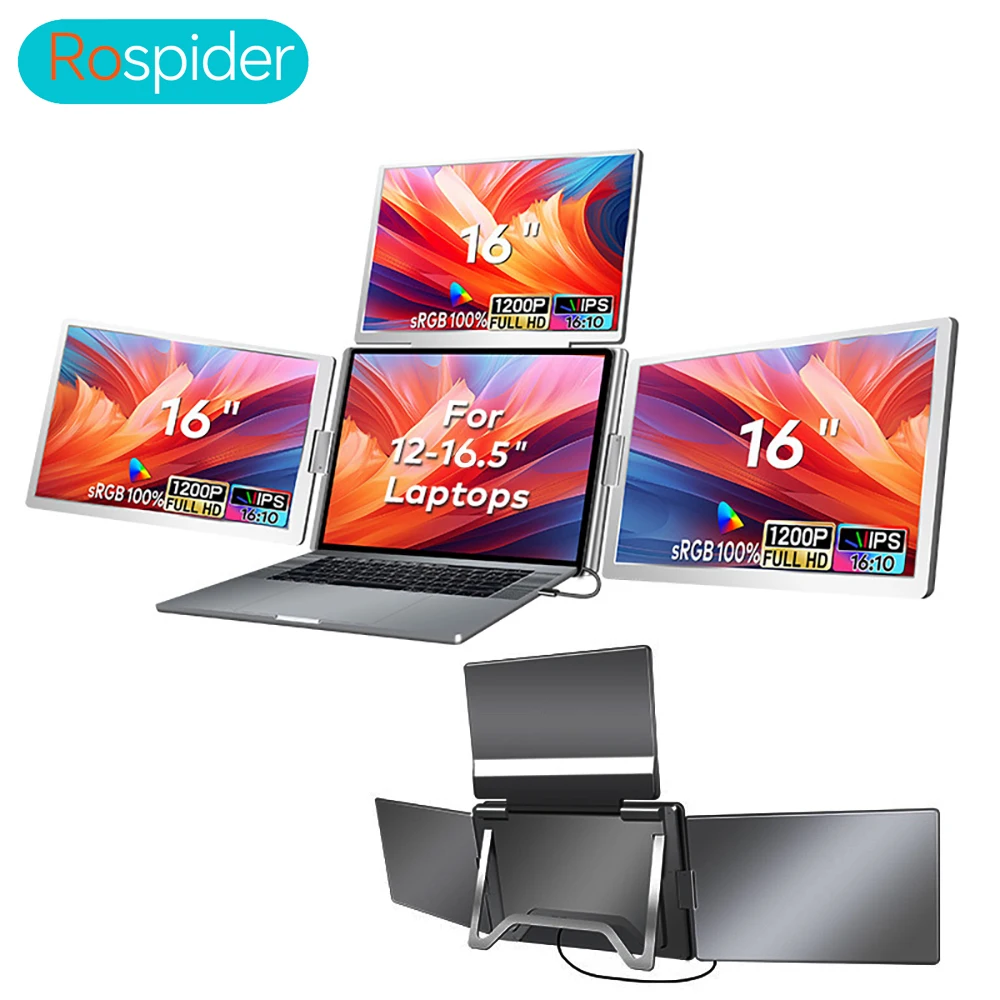 

16 Inch Portable Triple Screen LCD Backlit Monitor FHD Display Secondary Extender for Notebook with Single Cable Connection