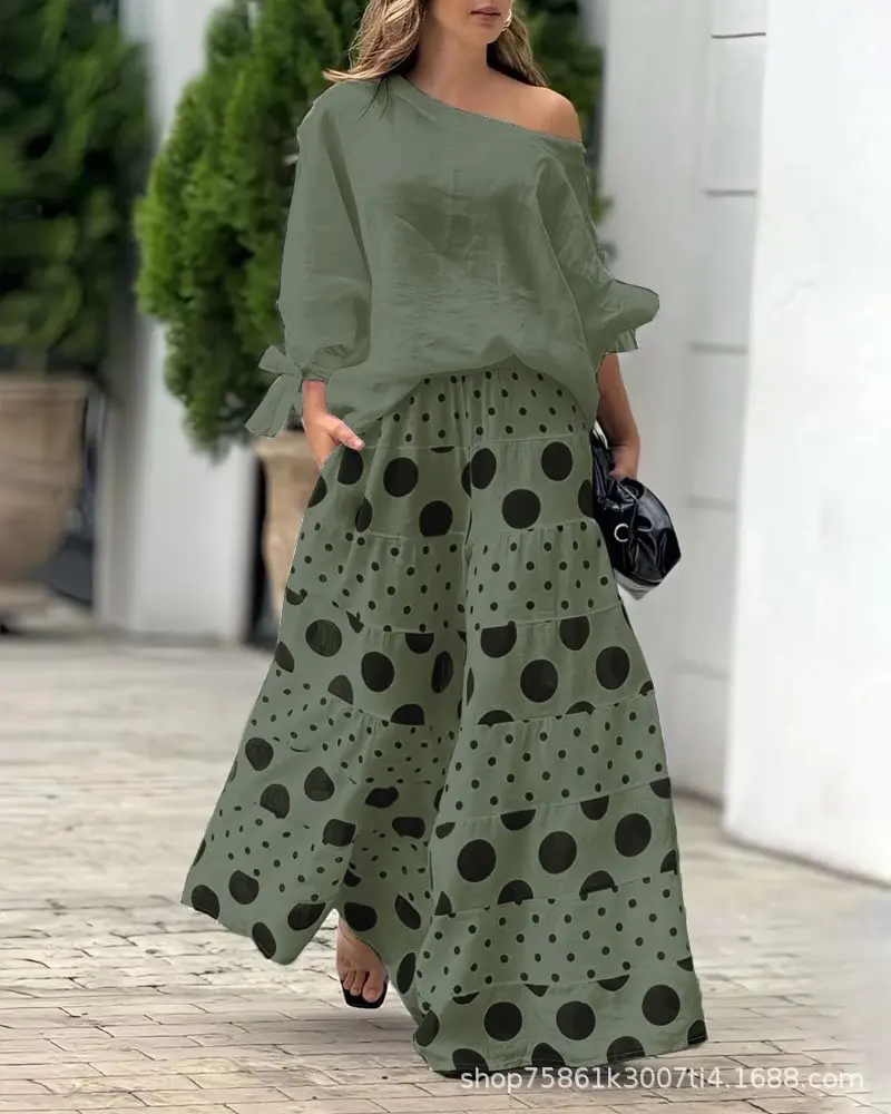 Fashion Office Lady Suit Elegant Slant Collar Lace Up Top Polka Dot Print Wide Leg Pants Two Piece Set 2024 Autumn New Women