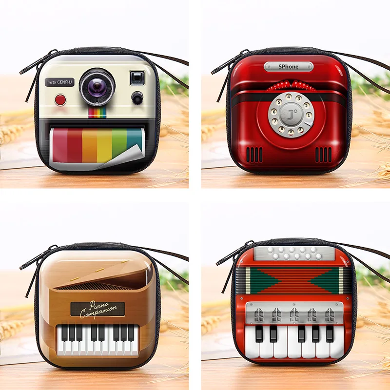 Creative Retro Tinplate Square Coin Purse Mini Zipper Wallet Record Tape Earphone Pocket Storage Box For Women Girl Coin Bag