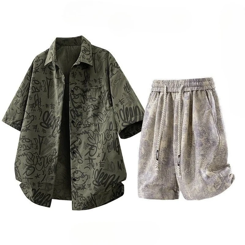 

Large Size Men's Short Sleeve Shirt and Trendy Shorts Light Luxury Casual Summer Sports Suit