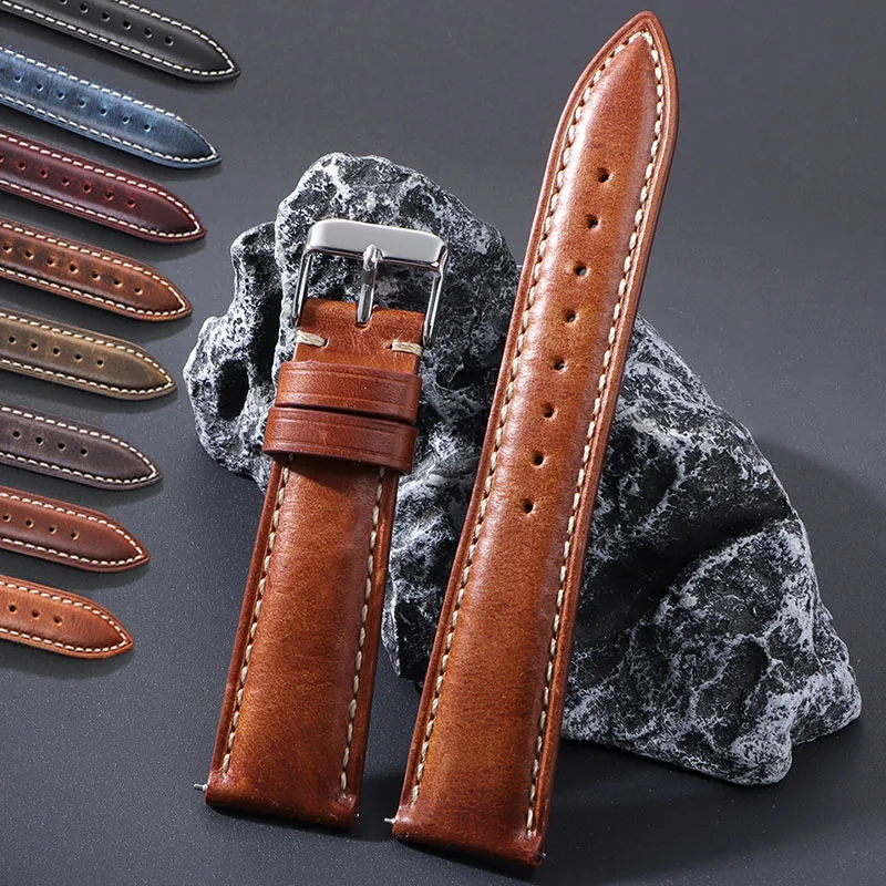 18mm 19mm 20mm 21mm 22mm Vintage Oil Wax Leather Watch Band Premium Soft Cowhide Strap for Seiko for Huawei Watch GT4/3 Bracelet