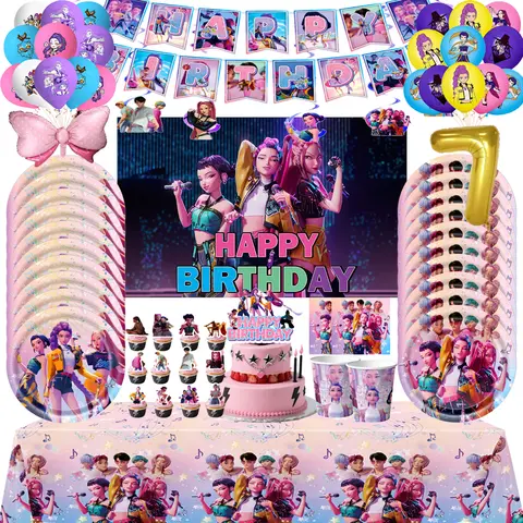 KPop Demon Hunters Theme Birthday Party Decoration Tableware Balloons Cup Plate Banner Kid Party Girls Baby Shower Supplies