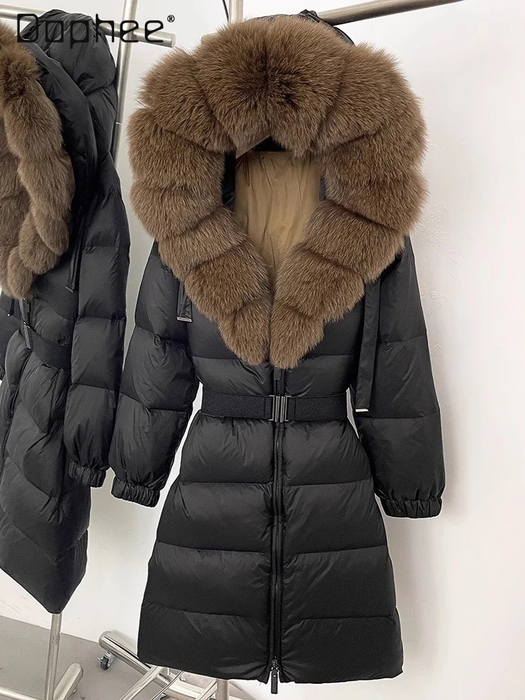

Модный модный длинный пуховик с капюшоном из лисьего меха с большим воротником для женщин, зимнее пальто средней длины с утолщенным поясом, женское