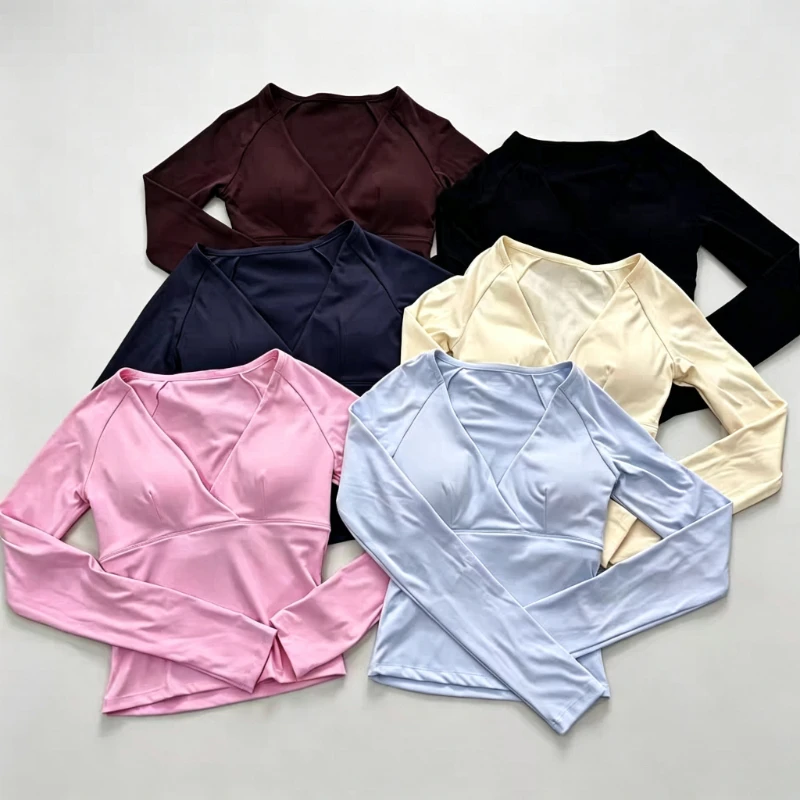Origin Long Sleeve V-Neck Top Women Yoga Shirts Slim Fit Gym Top With Pad Fitness Sports Shirt Quick Dry Workout Running Top