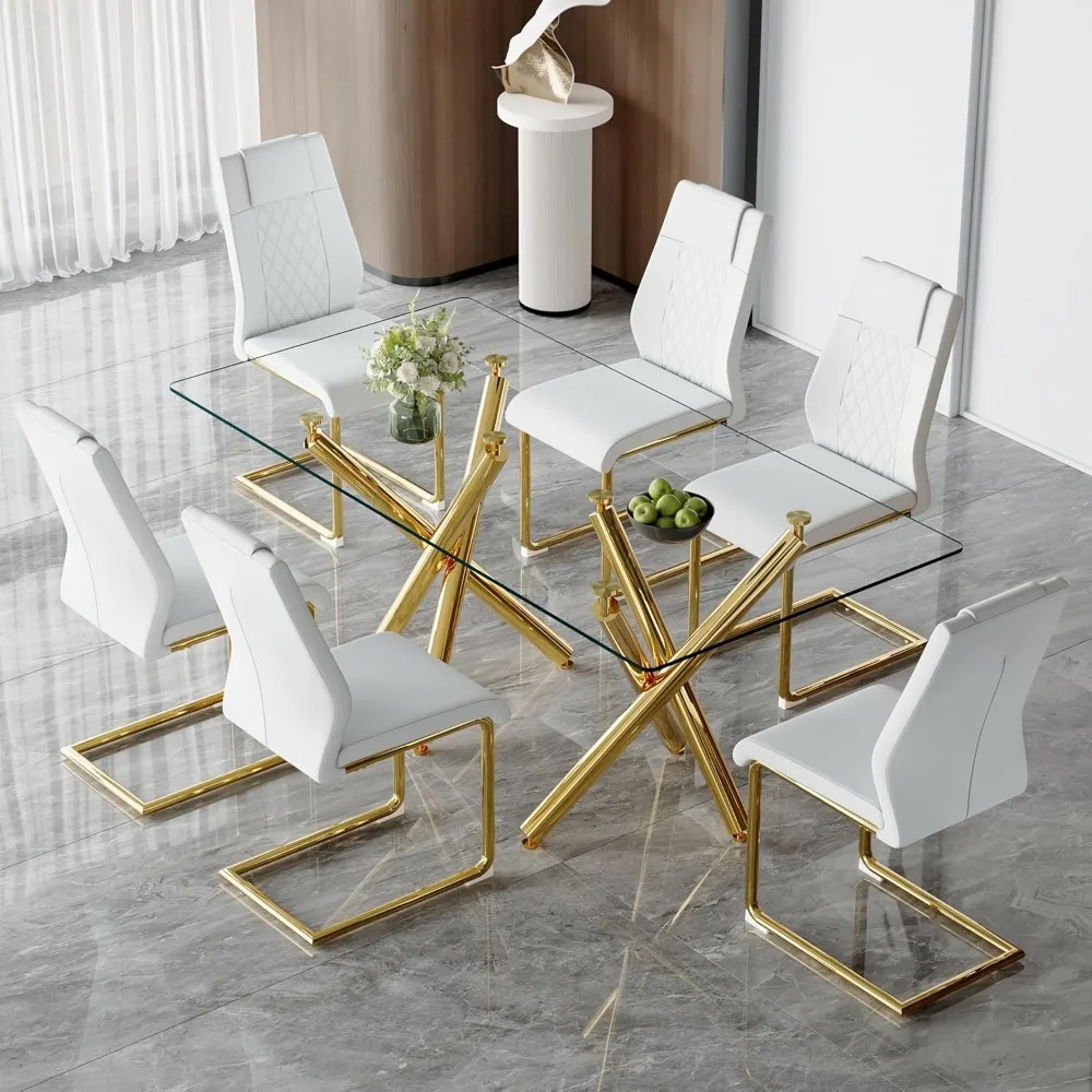 

Modern Dining Table Set for 6 with Gold Metal Frame, 7-Piece Glass Dining Table with High Back Chairs for Kitchen Dining Room