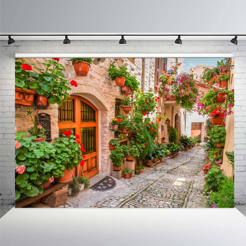 Italian Rural Village Town Street Backdrop Mediterranean Vintage Building Flowers Shop Grass Bedroom Wall Art Decor Backgorund