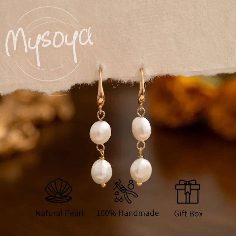 

MYSOYA White Baroque Freshwater Pearl Earrings 6-7mm With Gift Box Birthday/Wedding/Christmas/New Year Gifts For Her/Him