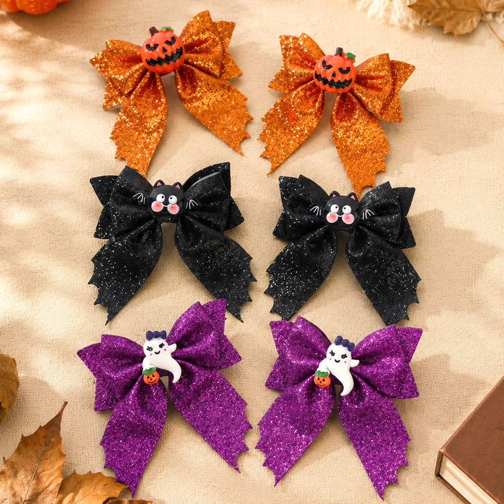 2Pcs Halloween Hair Bows Glitter Bow Clips Pumpkin Cat Ghost for Women Girls Braid Hair Accessories Party Costume