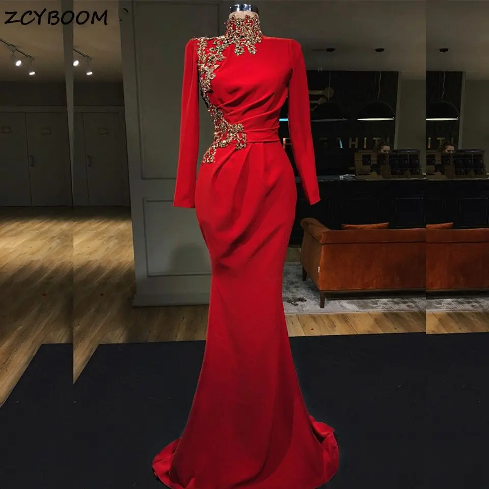 

Vintage Red Saudi Arabia High Neck Evening Dresses 2025 Mermaid Floor Length Long Sleeves Appliques Zipper Formal Gowns