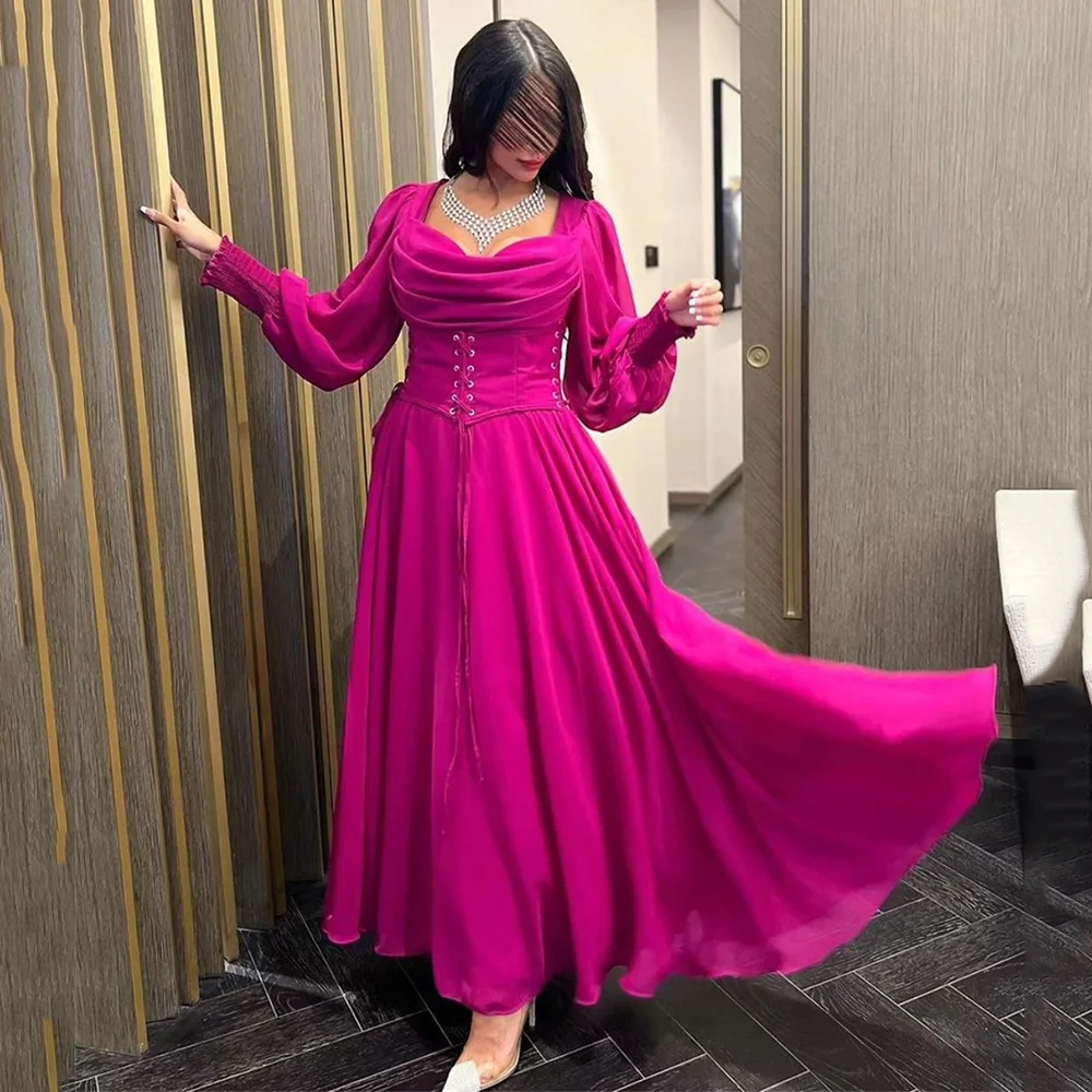 

Prom Gown A-line Pleat Long Sleeve Exquisite Evening Dresses for Women Ankle-Length Chiffon Party Dress فساتين الحفلات