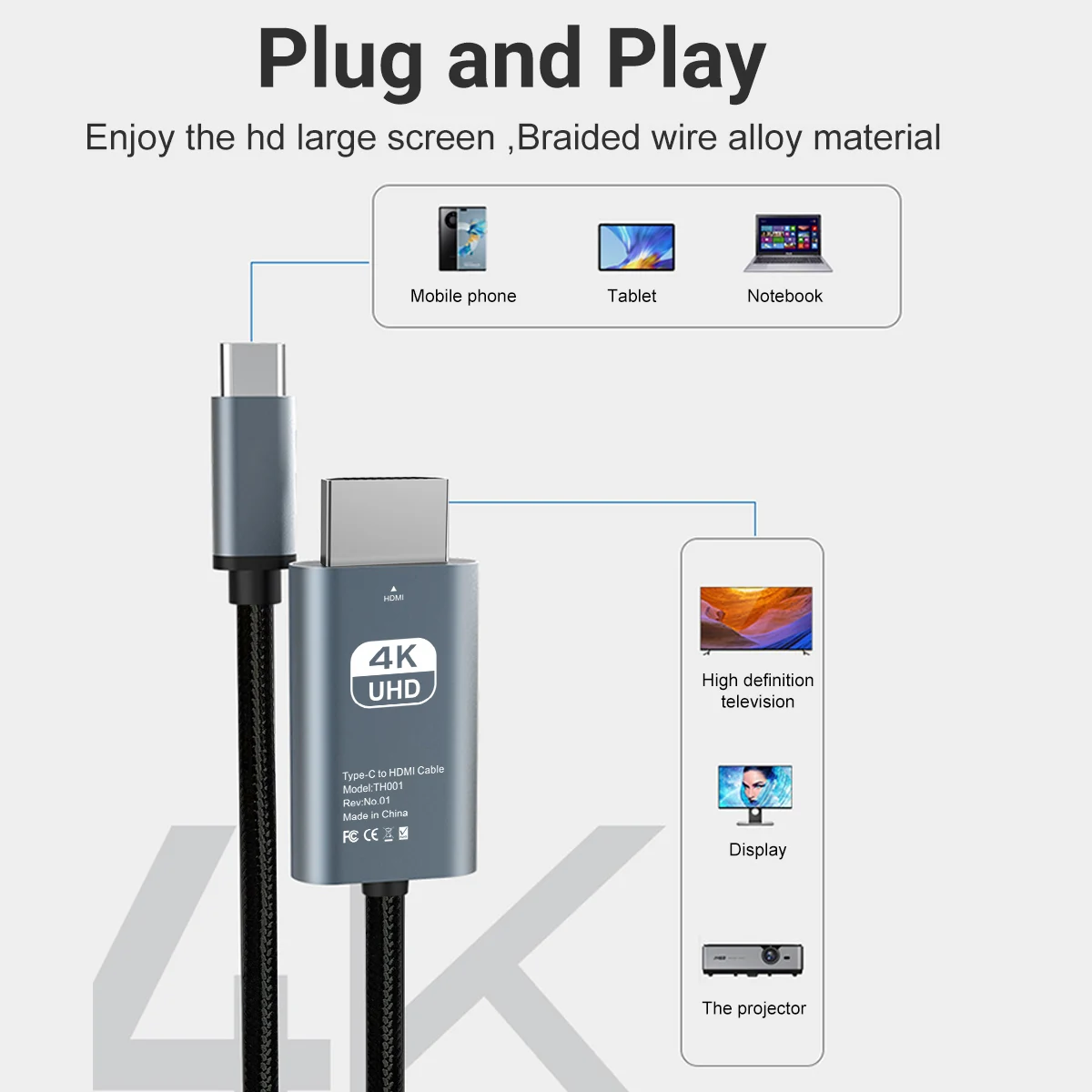 4k USB C to HDMI Cable Type C Adapter HDTV Converter Cable 4k@60hz for iPhone 15 HDTV Converter MacBook  iPad Huawei Laptop