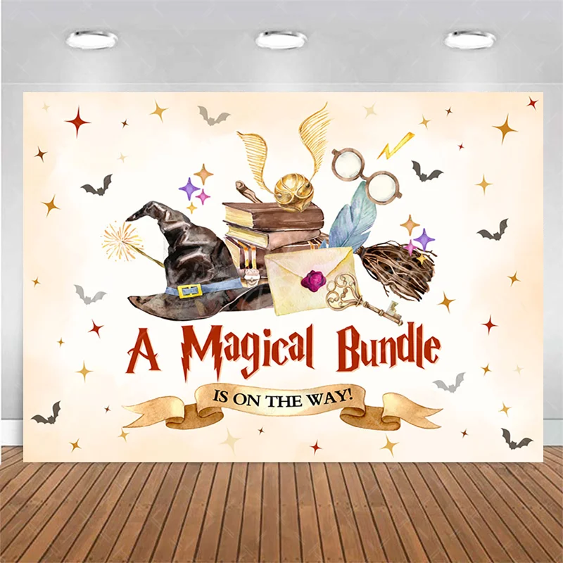 Wizard Baby Shower Backdrop 7Wx5H A Magical Bundle is On The Way Photography Witch Hat Magical Bundle Castle Owl Kids Background