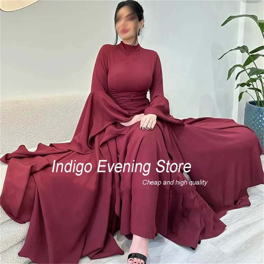 Indigo Prom Dresses Mermaid Long Sleeve High Collar Open Back Ankle-Length Simple Evening Gowns For Women فساتين الس Customized