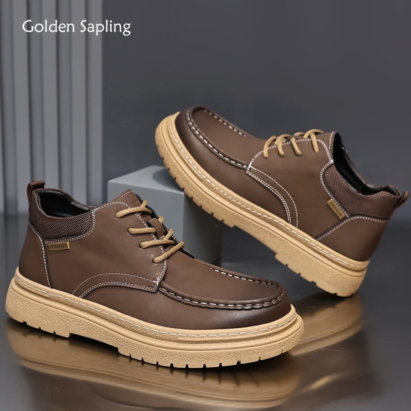 

Golden Sapling British Style Mens Genuine Leather Shoes Men Sewing Round Toe Ankle Boots Male Flats Businessman Footwear Trendy