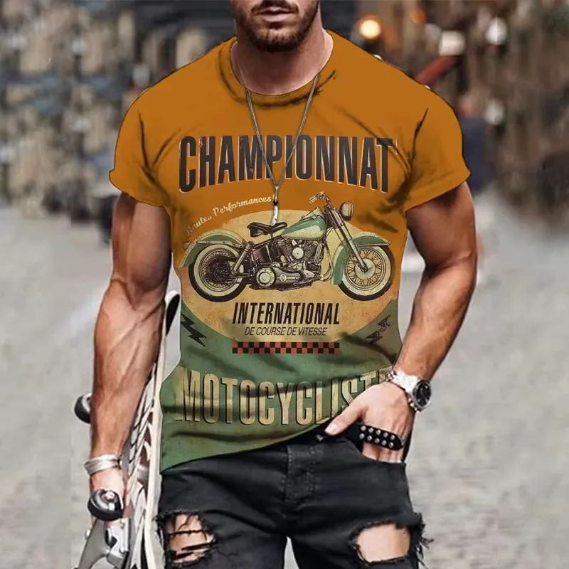 

Retro motorcycle themed men's short sleeved T-shirt fashionable casual sportswear comfortable quick drying
