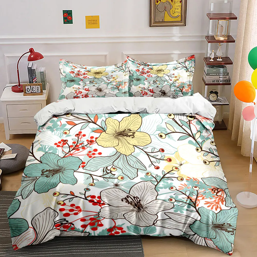 Illustrated Flowers and Branches Decor Duvet Cover Set with 3D Printing Design Soft Polyester Bedding Set All-Season Comfort