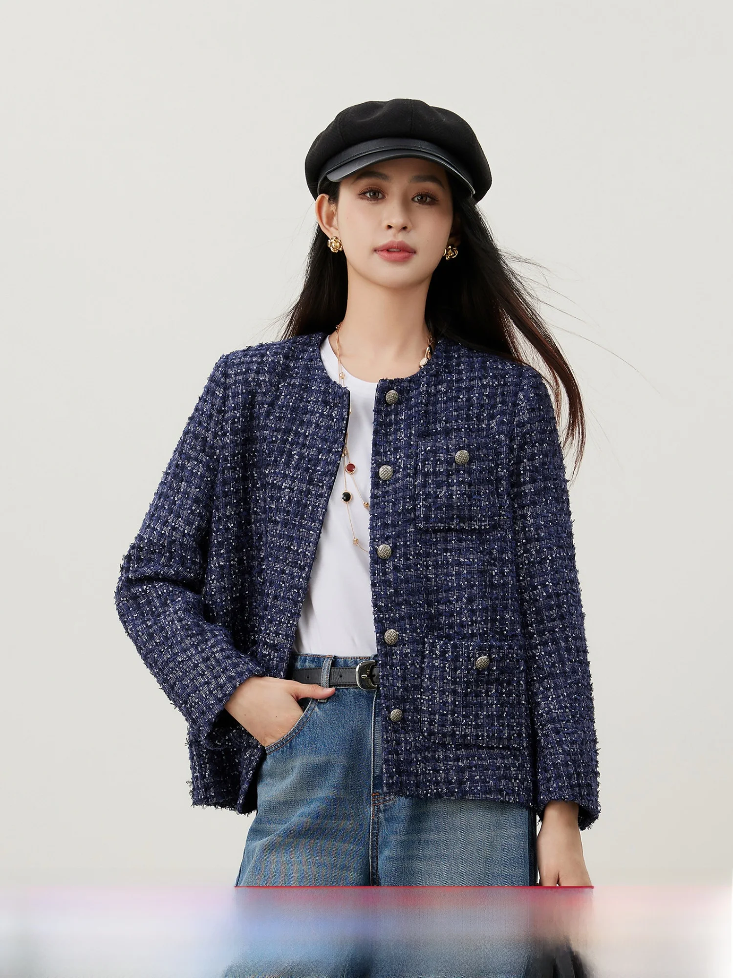 

Blue Moment 2025 Autumn New Sle ort Sequin Floral Lace round Ne Women's Jaet Classic Stand Fit Long Sve Top