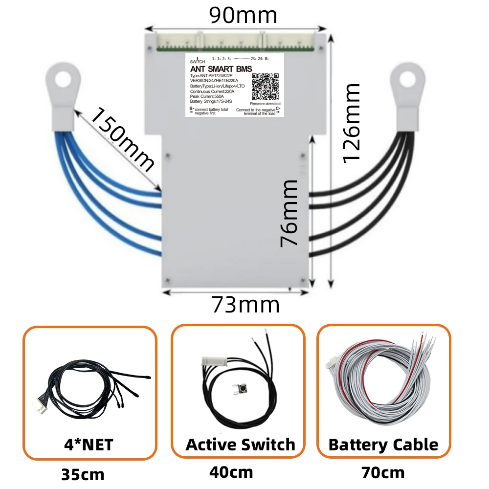 

ANT Smart BMS 17S 18S 19S 20S 21S 22S 23S 24S Li-ion Lifepo4 LTO Battery 60V 72V Continuous 220A peak 550A smart blance board