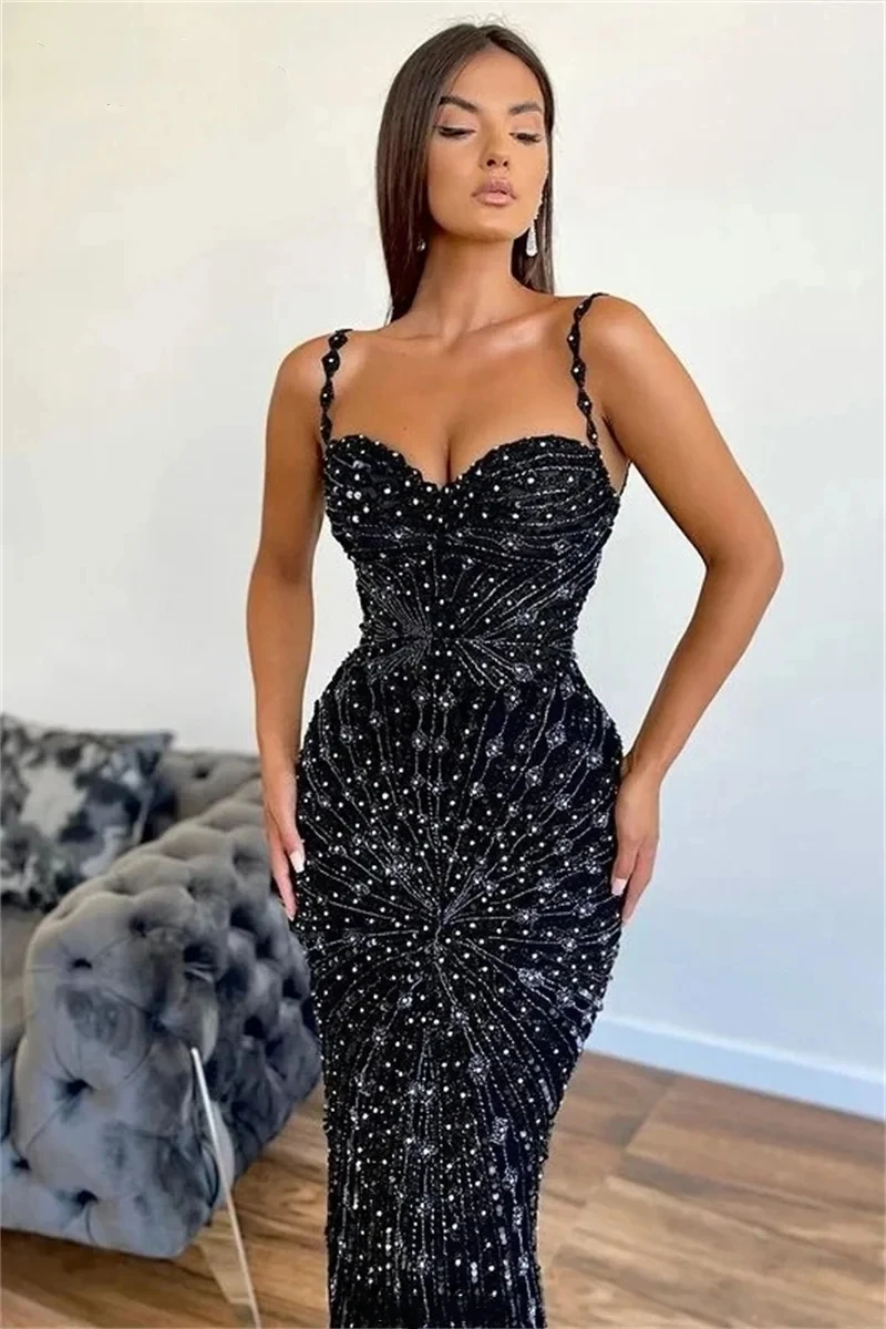 Sexy Spaghetti Straps Prom Dresses Sequined Beading Crystal Mermaid Evening Gowns Custom Made Robe De Soirée