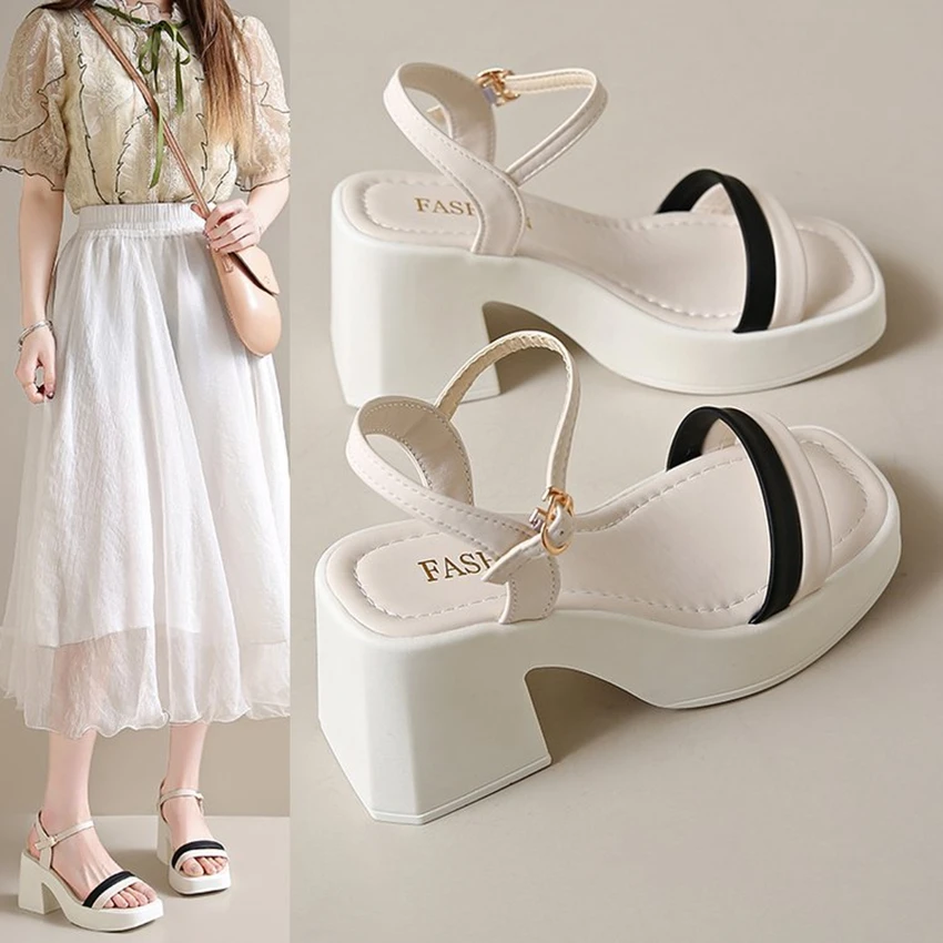 

Ladies Shoes on Sale 2026 New One-word Buckle Women's Sandals Summer Open Toe Mid Heel Water Proof Concise Daily Sandals Women