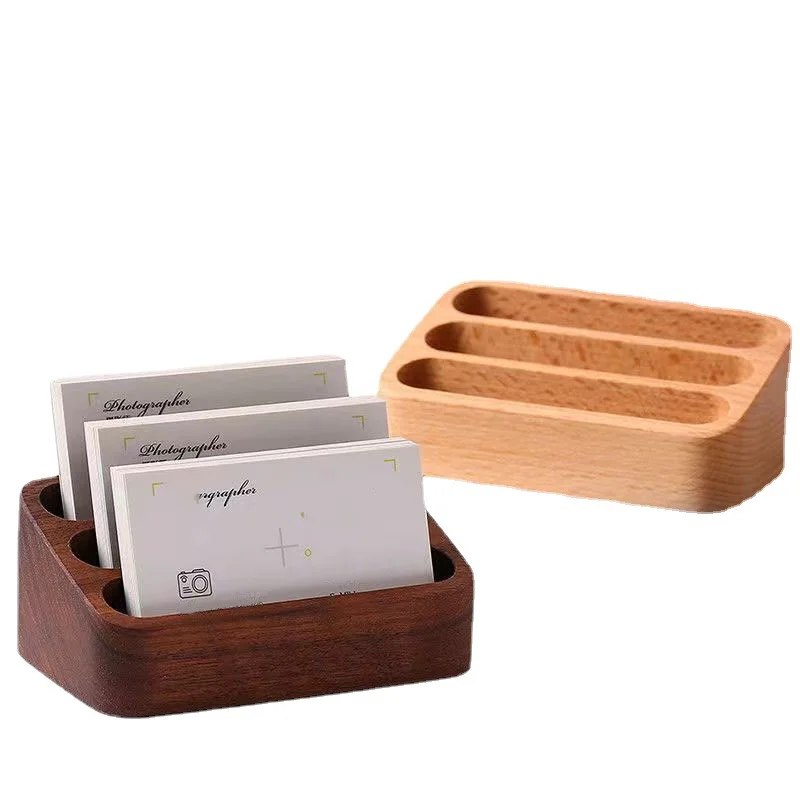 1Pcs Wooden Desktop Business Card Holder 3 Compartment Storage Box For Office Supplies Desk Accessories Organizer