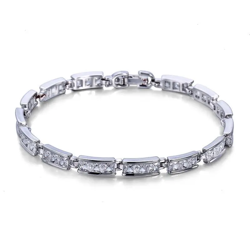 MxGxFam (17.5 / 19.5 cm x 4 mm ) AAA+ Cubic Zircon Square White Bracelets For Women Rhodium Gold Color High Quality