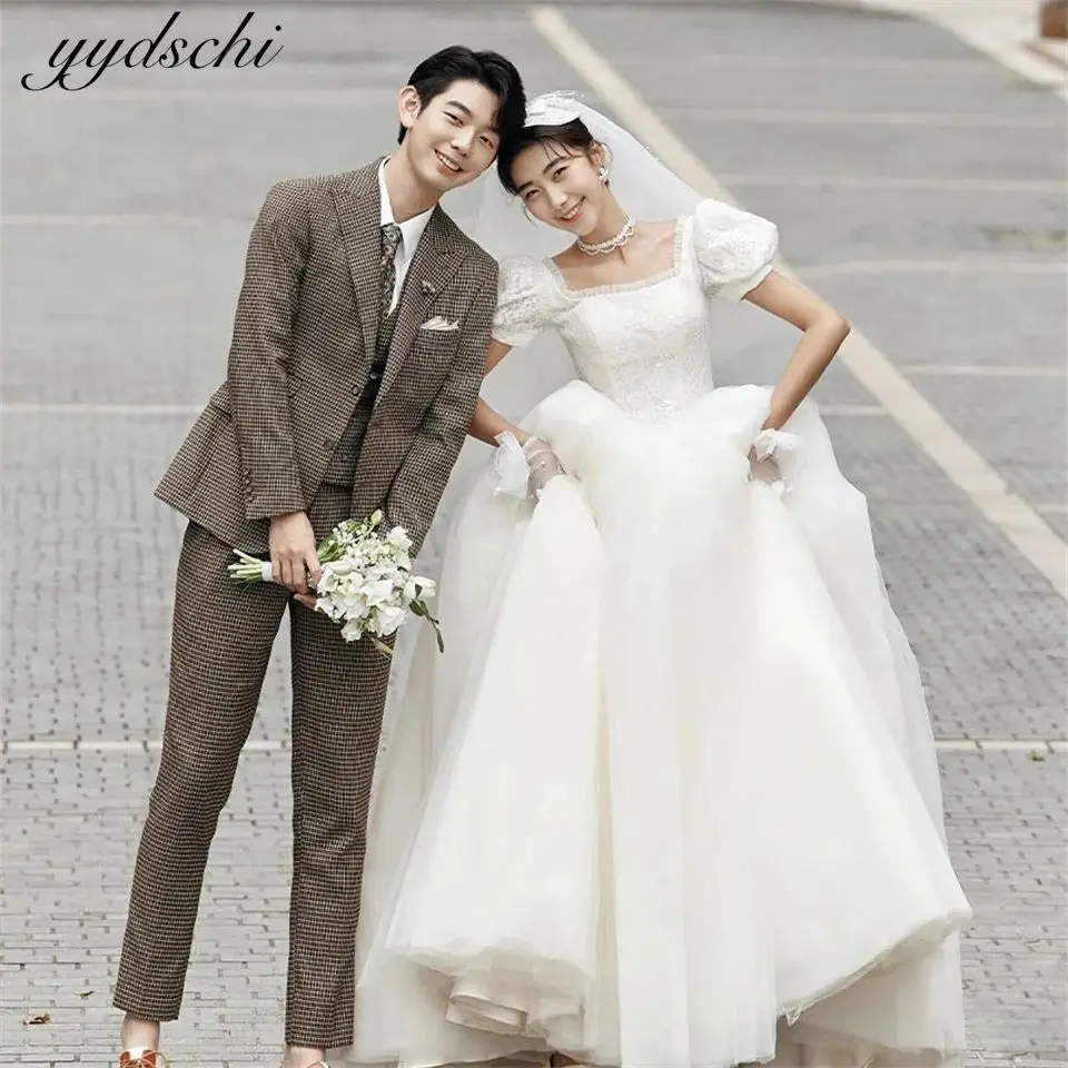 

Бальное платье с квадратным вырезом из тюля и пышными рукавами по индивидуальному заказу, свадебные платья для женщин, 2025, свадебные платья со шлейфом, Vestidos De Novia