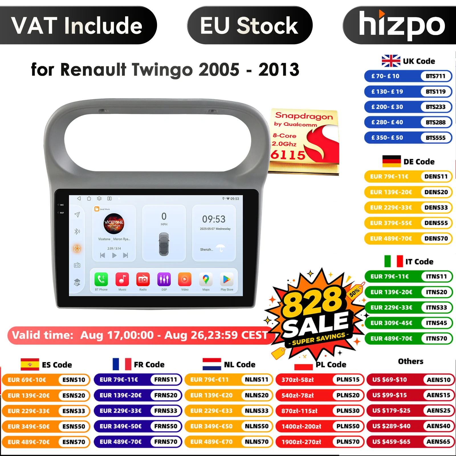 Hizpo 9 Zoll Carplay 4G 2 Din Android 14 Autoradio für Renault Twingo 2005-2013 Multimedia Video Player GPS DSP WIFI AI Intelligente Systeme Autoradio Stereo Snapdragon von Qualcomm 8-Core 2,0 GHz