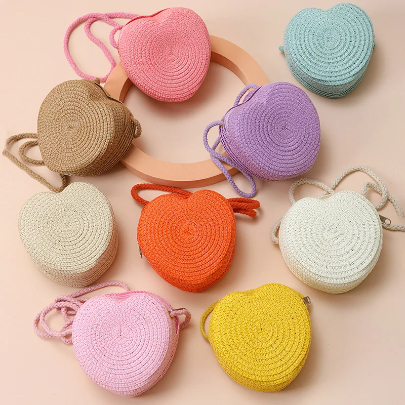Fashion Woven Straw Shoulder Bags Cute Travel Crossbody Bag Creative Heart Shape Coin Purse Children Beach Bag