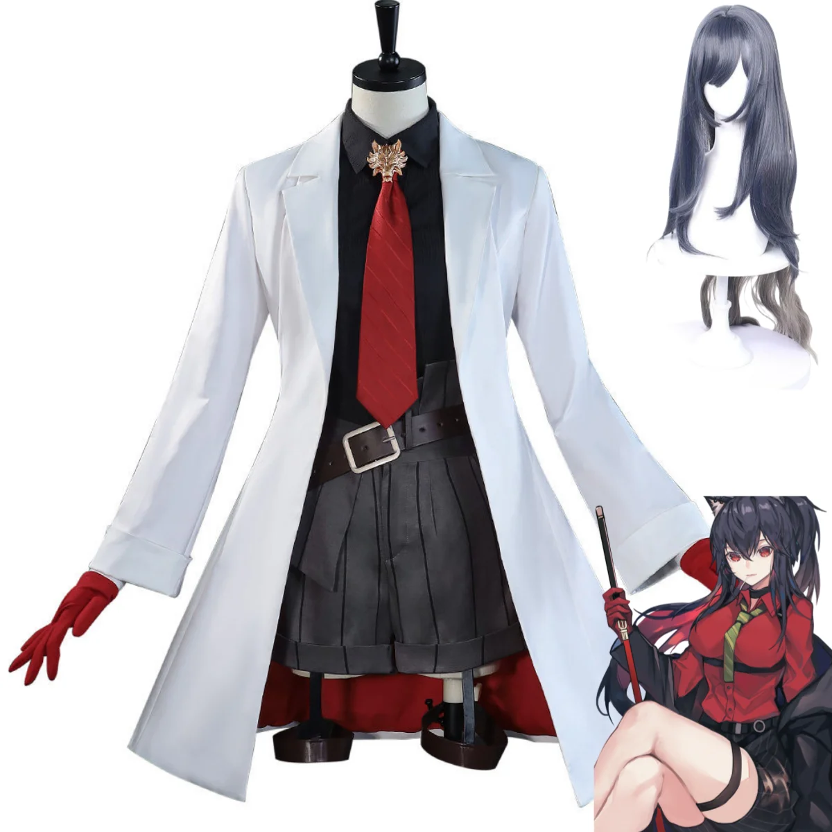 

Game Arknights Operator Texas Cosplay Costume Anime White Long Coat Uniform Shorts Shirt Wig Woman Cute Halloween Suit