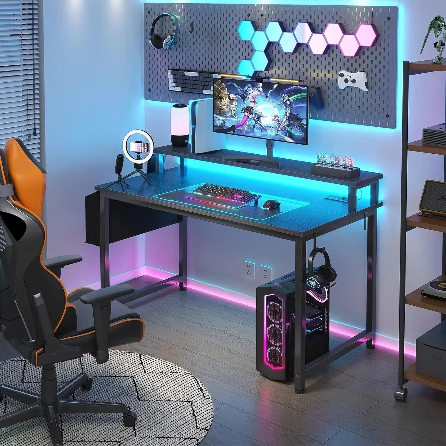 

Black Gaming Desk with LED Lights and Power Outlets, 40 Inch Teen Writing Study Table Home Office Desks with Monitor Stand