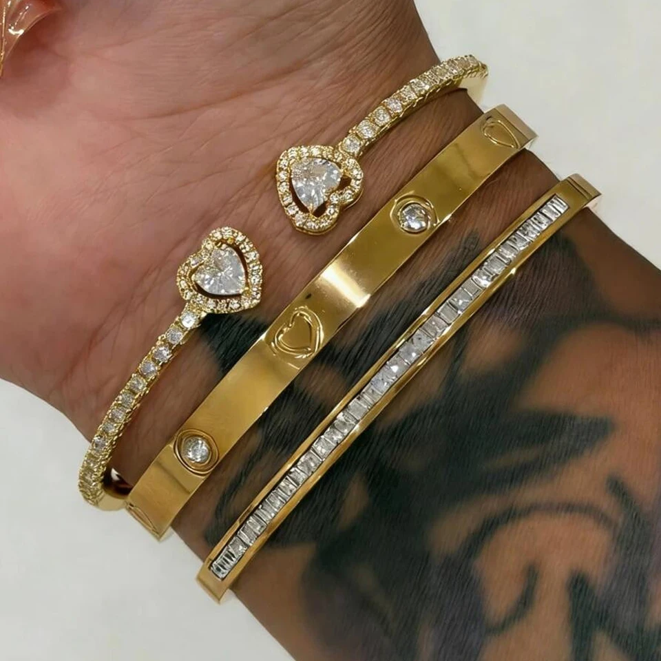 Yupsk 1/3pcs 18K Gold Plated Stainless Steel Heart Bracelet Set Fashion Zirconia Open Bangle Women's Bracelet Set For Daily Wear