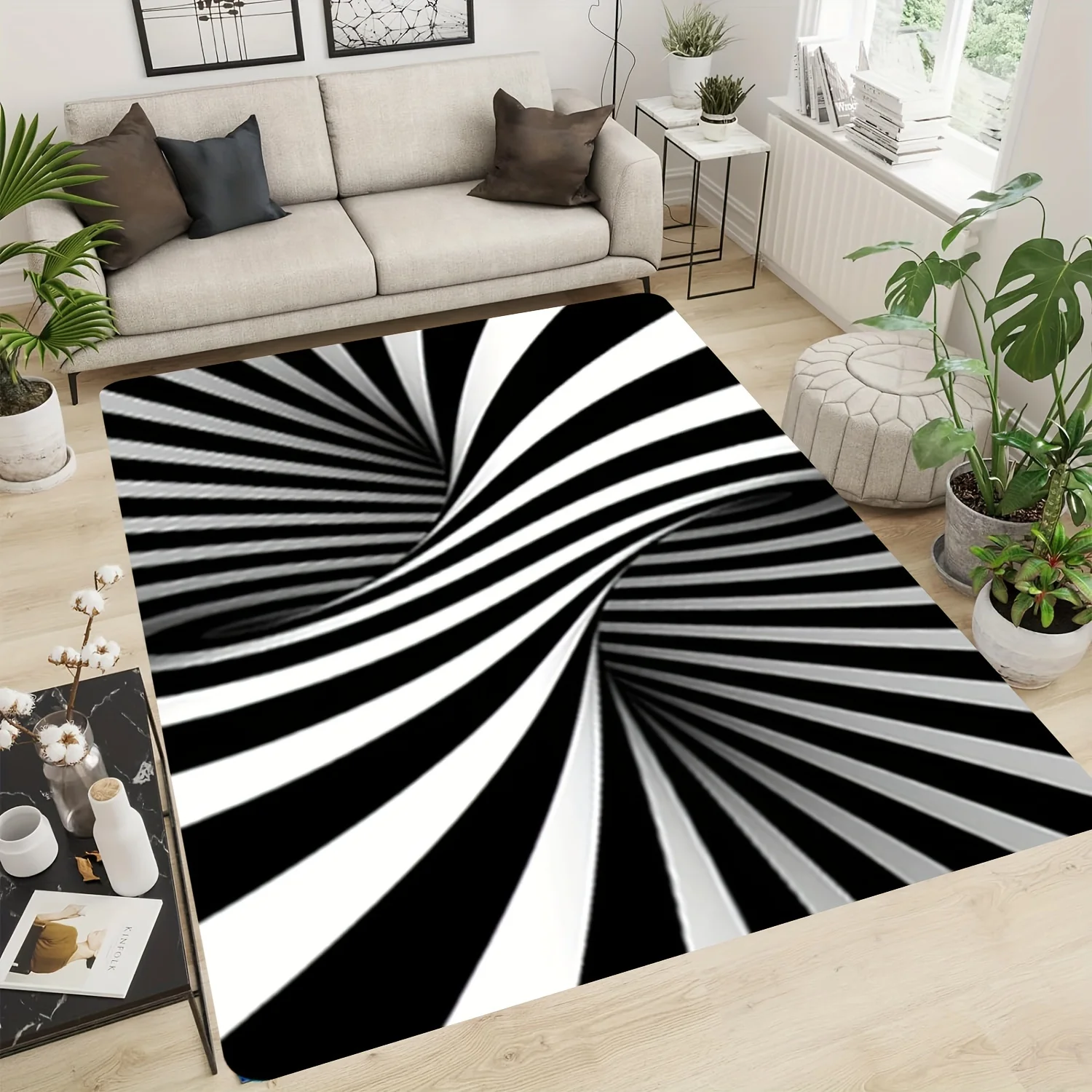3D Optical Illusion Door Mat, Black White Geometric Spiral Floor Rug Modern Abstract Visual Trap Entrance Carpet for Living Room