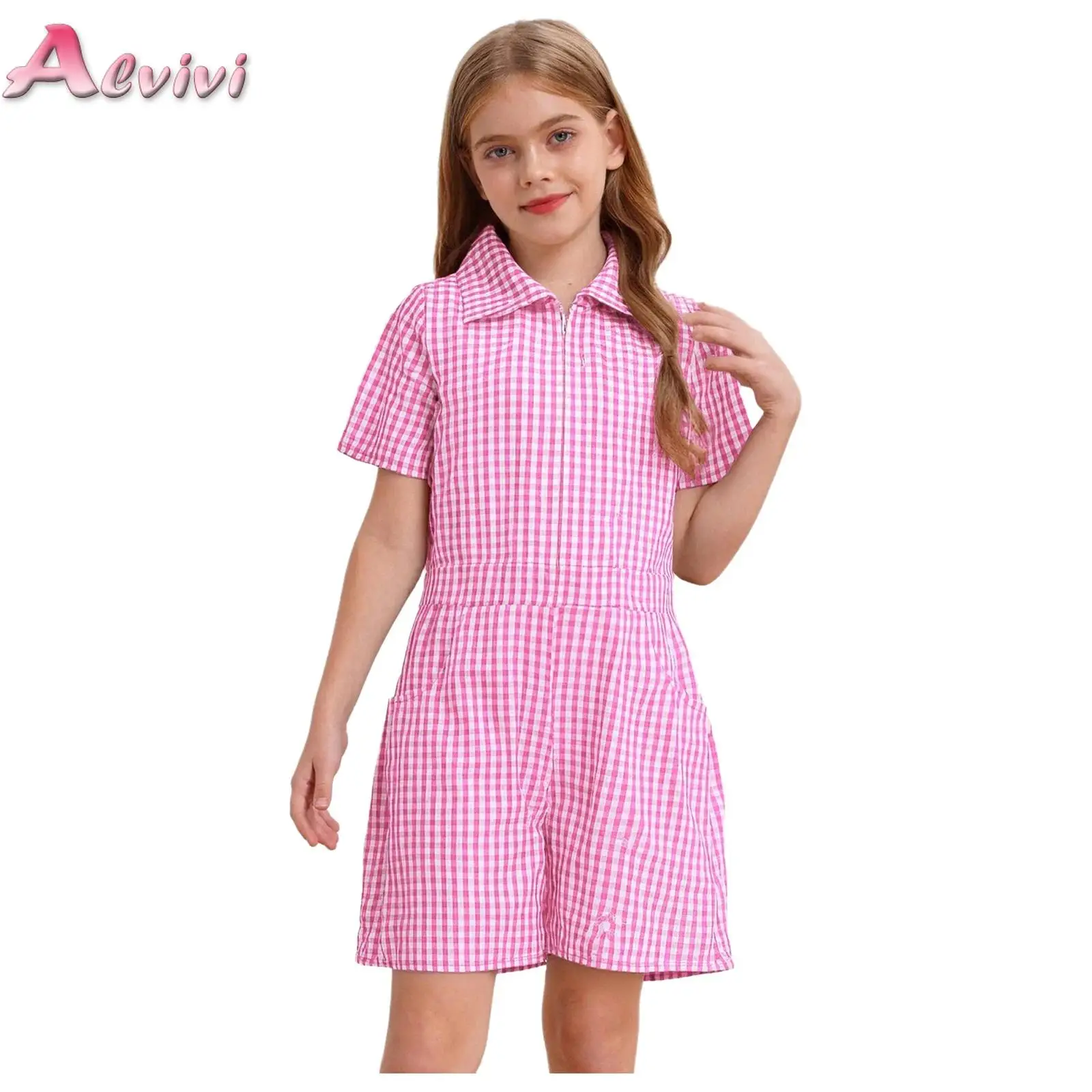 

Kids Overalls New Plaid Teens Girls Clothes Baby Rompers Kids Jumpsuit Summer Short Sleeve Front Zipper Playsuit Outfits