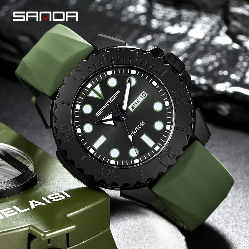 SANDA 3118 Men\'s Quartz Watch Sports Outdoors Waterproof Date with Silicone Strap Wristwatches for Male Watches Gift