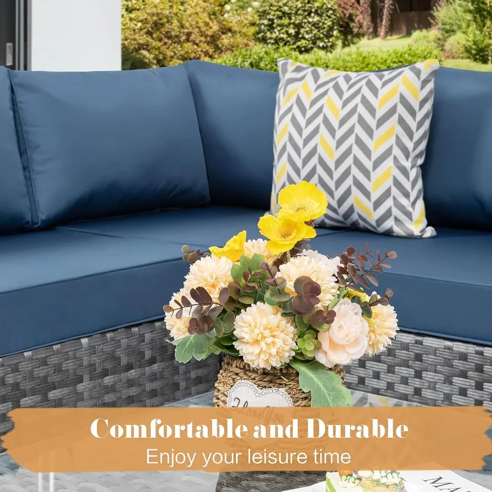 5pcs Patio Outdoor Furniture Sets Conversation Set,Low Back All-Weather Rattan Sectional Sofa with Tea Table&Washable Couch