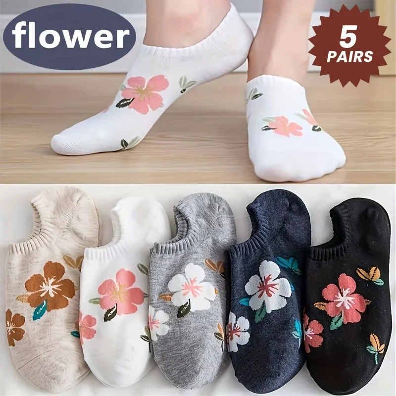 5 pares de calcetines náuticos para mujer, calcetines invisibles de boca poco profunda con estampado de flor de cerezo rosa, calcetines de tubo suaves transpirables para verano